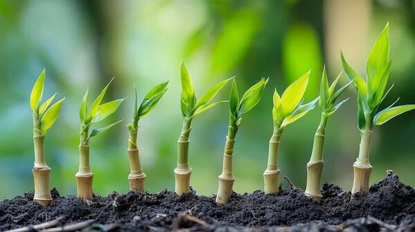 Bamboo shoots growing rapidly from rich soil